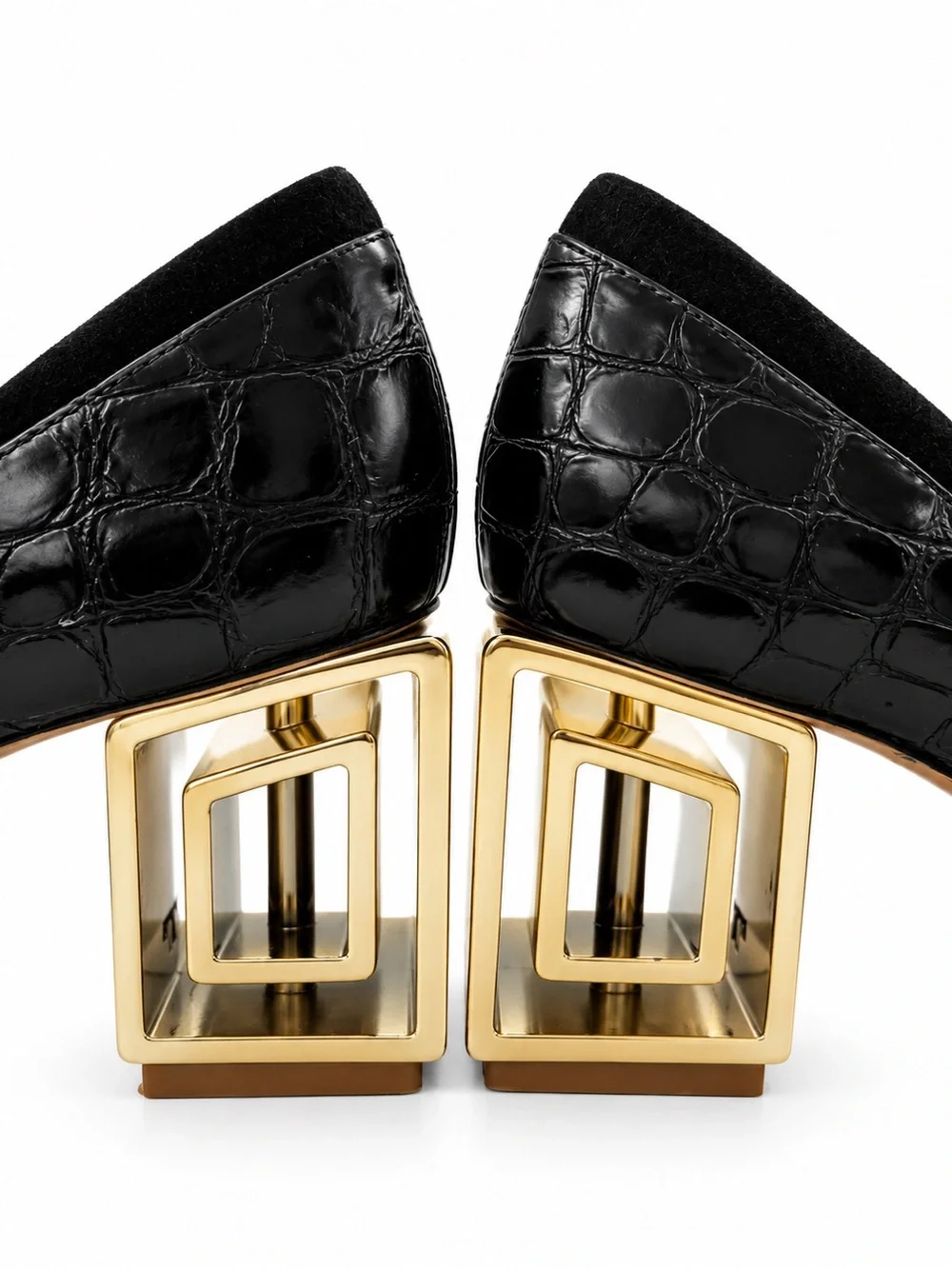 Tory Burch Black Croc Embossed Leather Gold Block Heel Size 8 w/ Box